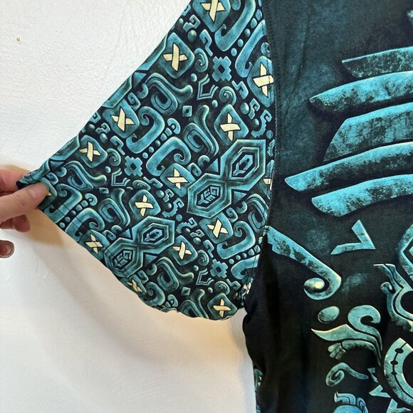 Aztec Allover Print Graphic T shirt Green Black AGMX 4X Viscose Soft Mexico - Picture 7 of 10
